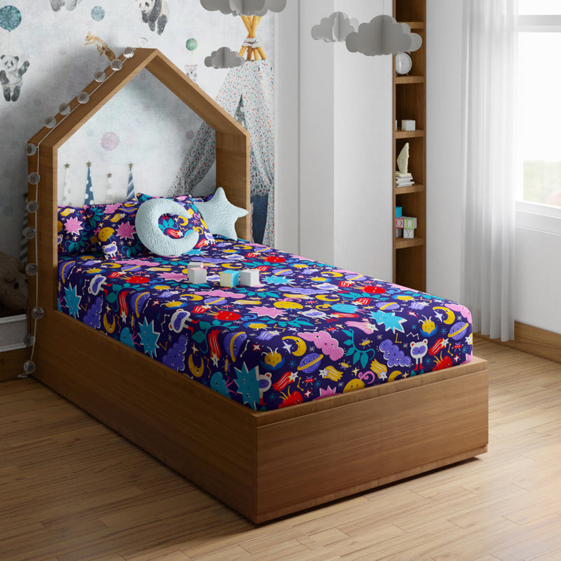 Cotton Kids Bed Sheet Set | Monster Print | Blue