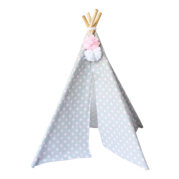 Cotton Kids Teepee Tent House | Star Design | Grey & Pink | 150 cm