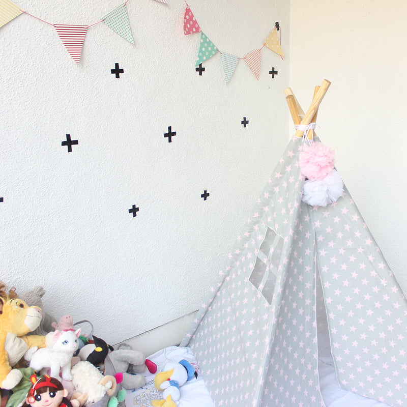 Cotton Kids Teepee Tent House | Star Design | Grey & Pink | 150 cm