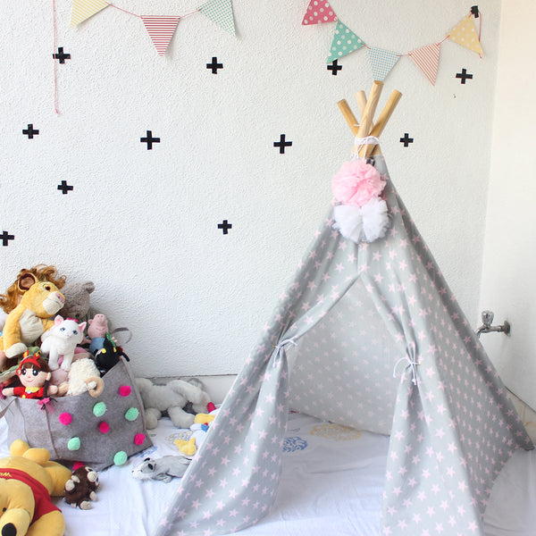 Cotton Kids Teepee Tent House | Star Design | Grey & Pink | 150 cm