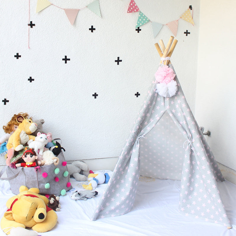 Cotton Kids Teepee Tent House | Star Design | Grey & Pink | 150 cm