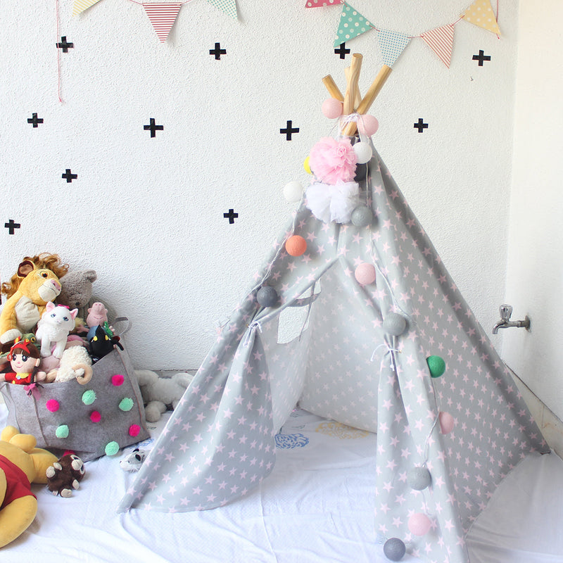 Cotton Kids Teepee Tent House | Star Design | Grey & Pink | 150 cm