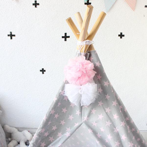 Cotton Kids Teepee Tent House | Star Design | Grey & Pink | 150 cm