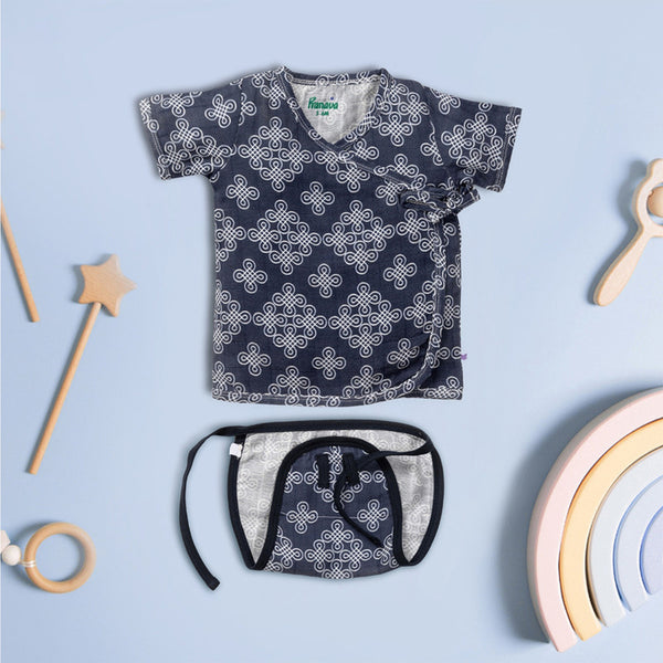 Cotton Jhabla & Nappy Set For Kids | Kolam Printed | Dark Blue