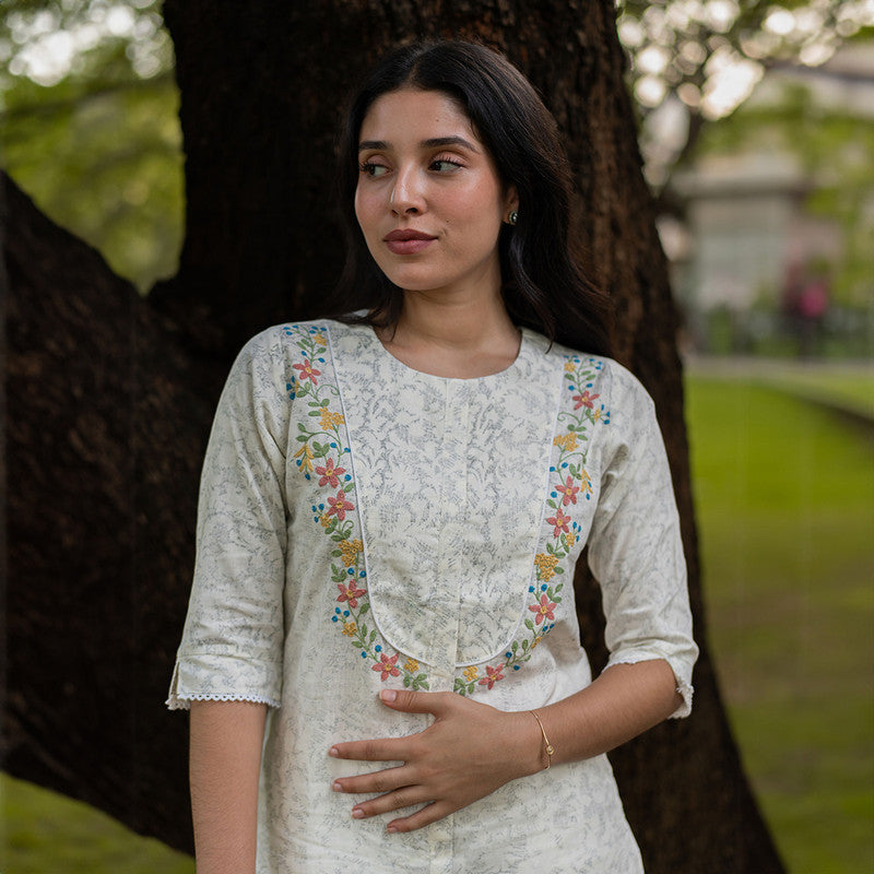 Linen Embroidered Kurta for Women | Handblock Print | White