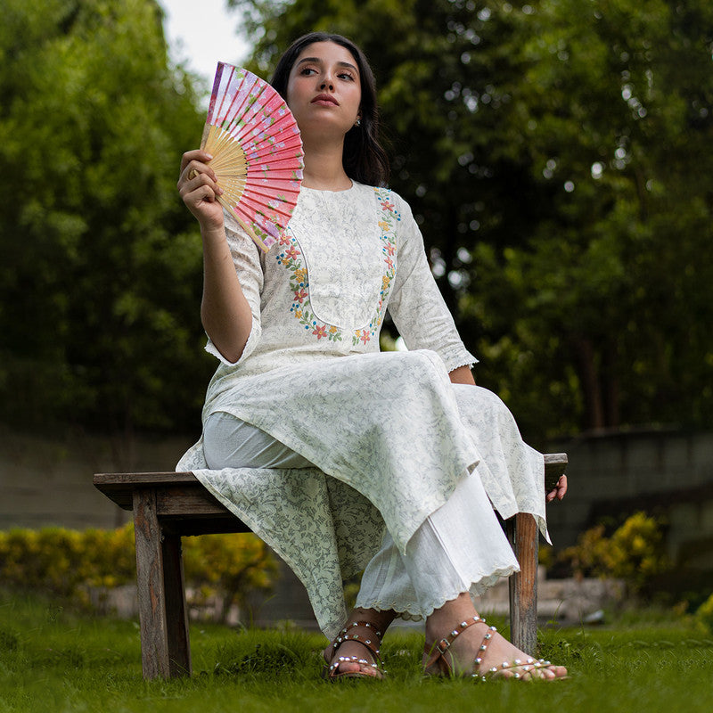 Linen Embroidered Kurta for Women | Handblock Print | White