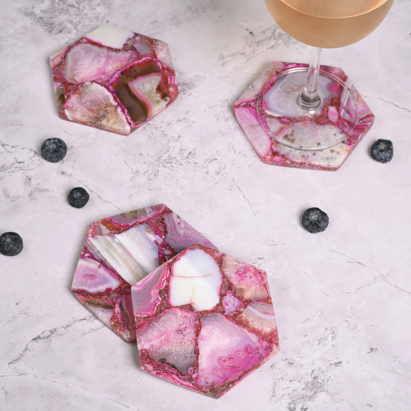 Agate Hexagonal Coaster Set | Polished Edges | Pink | Set of 4