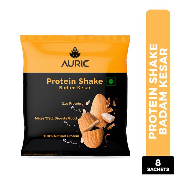 Auric Vegan Protein Powder | 21g Protein & 6g BCAA | Badam Kesar 8 Sachets