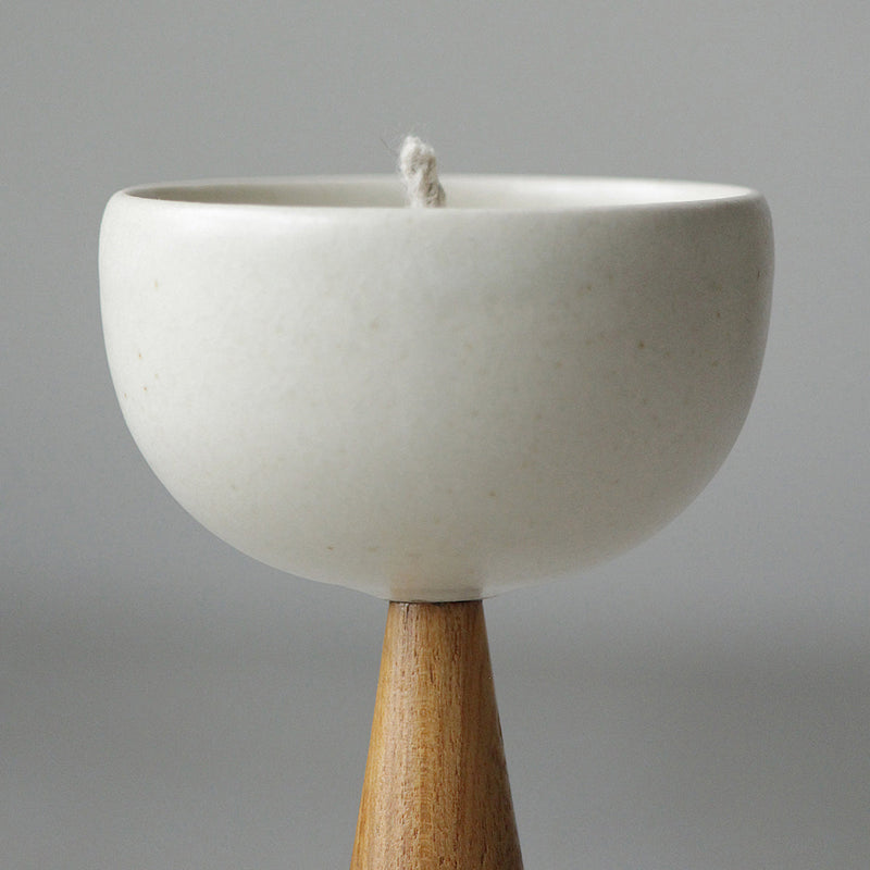 Stoneware & Wooden Oil Lamp | White & Brown