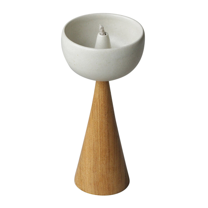 Stoneware & Wooden Oil Lamp | White & Brown