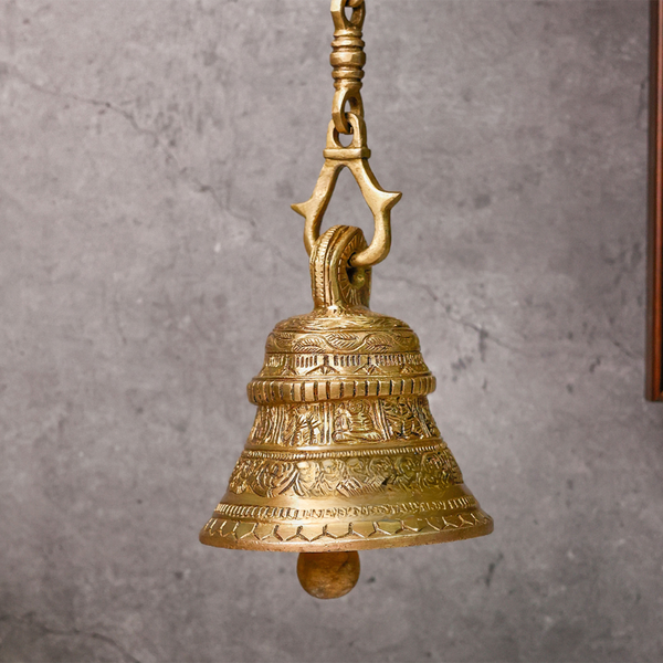 Brass Pooja Bell | Dashavtar Temple Design | Gold | 11 cm