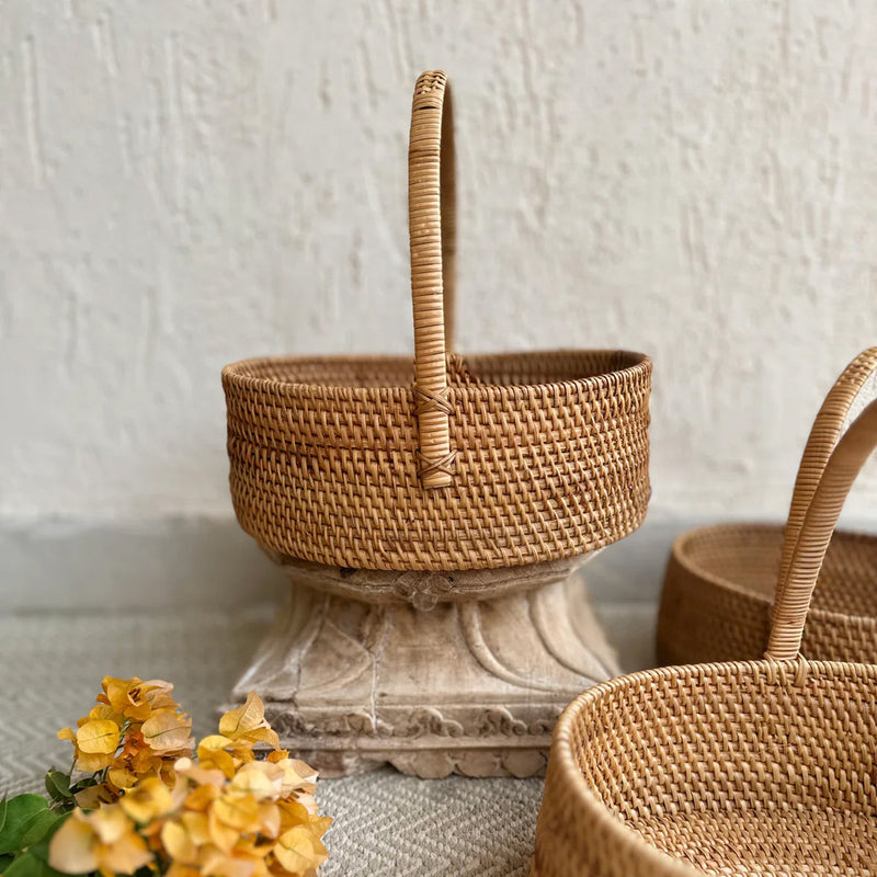 Cane Picnic Basket with Handle | Beige | 27 cm