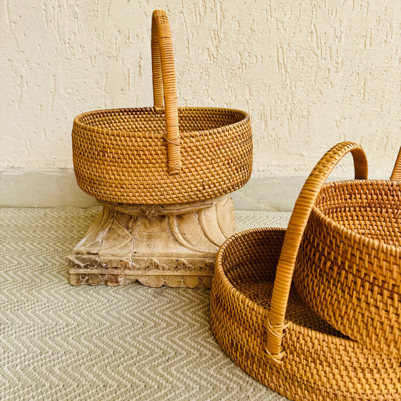 Cane Picnic Basket with Handle | Beige | 27 cm