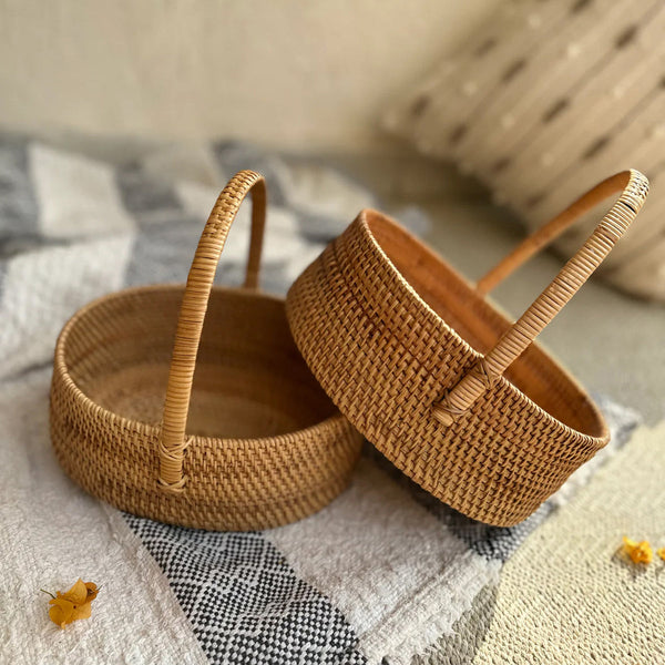 Cane Picnic Basket with Handle | Beige | 27 cm