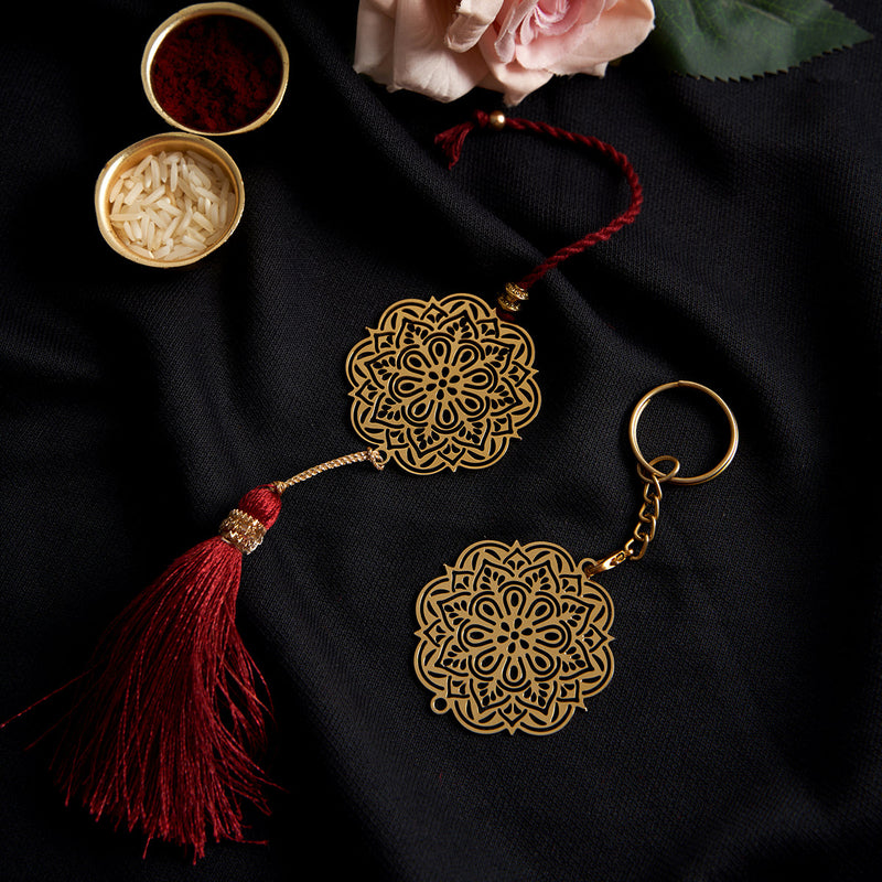 Brass Rakhi for Brothers | Keychain | Big Floral Design | Gold & Red