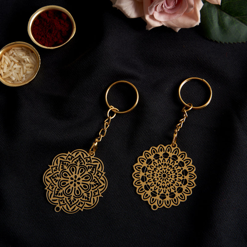 Brass Rakhi for Brothers | Keychain | Mandala Design | Gold & Red