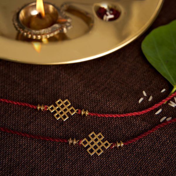 Brass Rakhi for Brothers | Keychain | Knot Square Design | Gold & Red