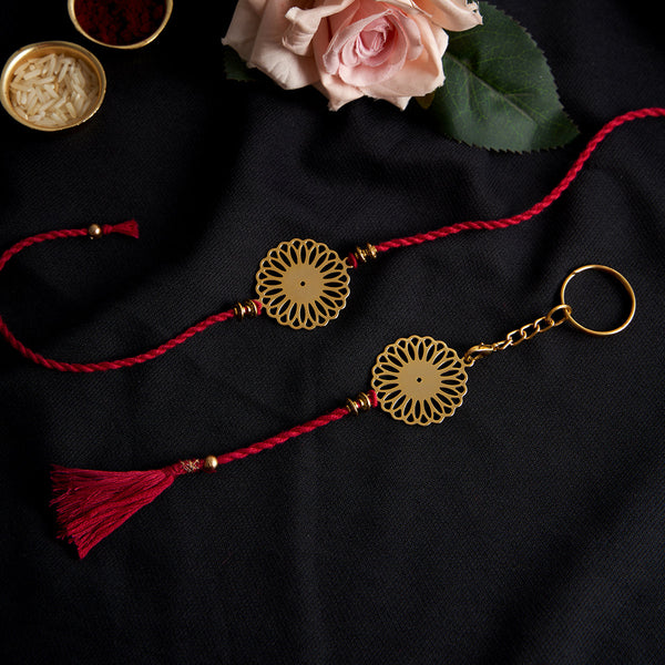 Brass Rakhi for Brothers | Keychain | Floral Design | Gold & Red