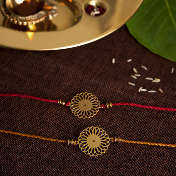 Brass Rakhi for Brothers | Keychain | Floral Design | Gold & Red