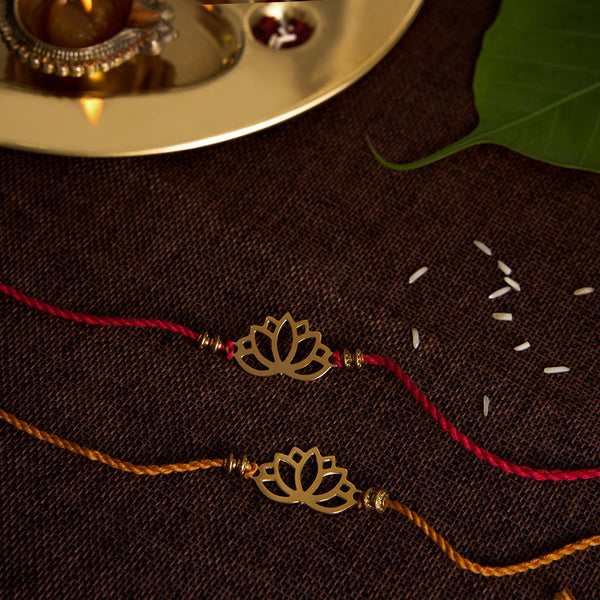 Brass Rakhi for Brothers | Keychain | Lotus Design | Gold & Red