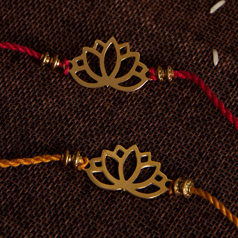 Brass Rakhi for Brothers | Keychain | Lotus Design | Gold & Red