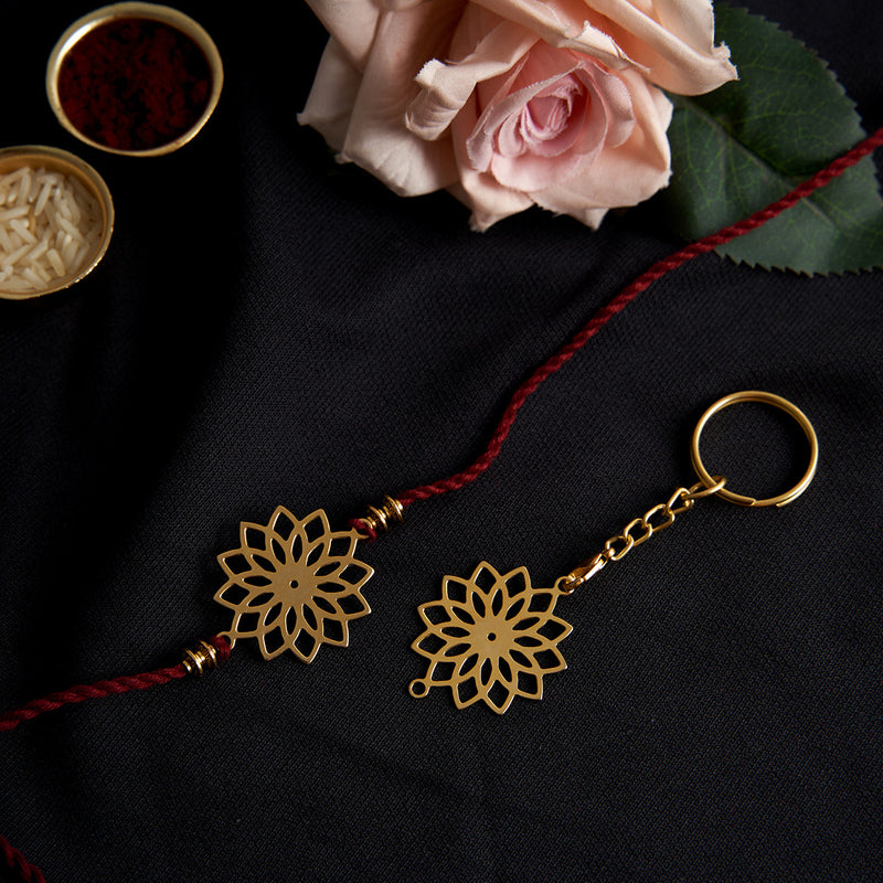 Brass Rakhi for Brothers | Keychain | Sun Design | Gold & Red