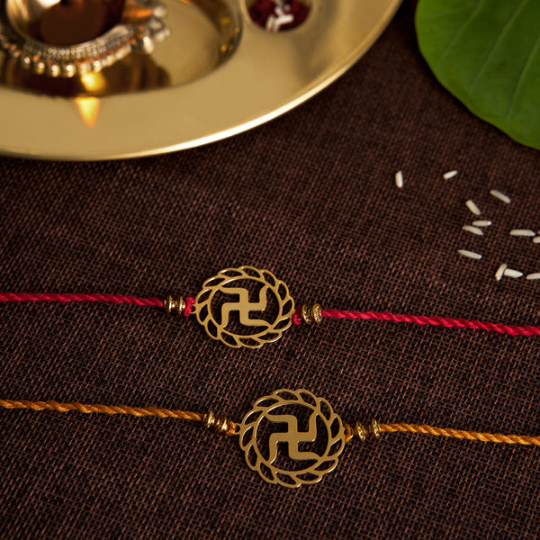 Brass Rakhi for Brothers | Keychain | Swastik Design | Gold & Red