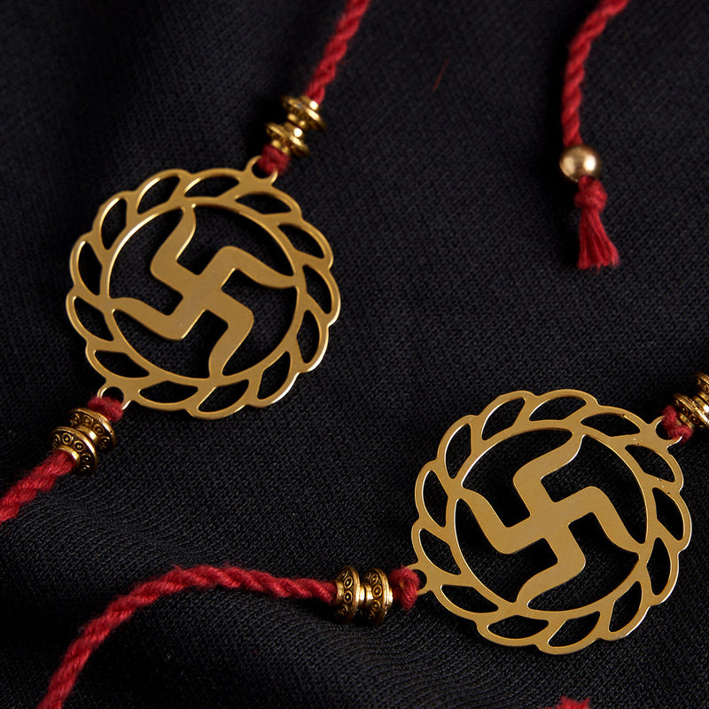 Brass Rakhi for Brothers | Keychain | Swastik Design | Gold & Red