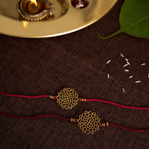 Brass Rakhi for Brothers | Keychain | Kemp Flower Design | Gold & Red