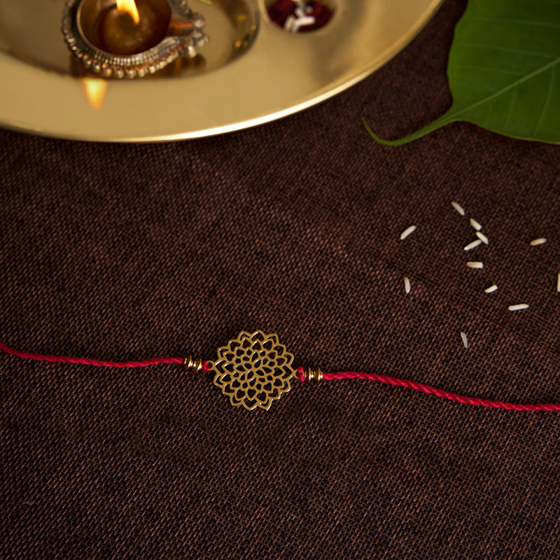 Brass Rakhi for Brothers | Keychain | Kemp Flower Design | Gold & Red