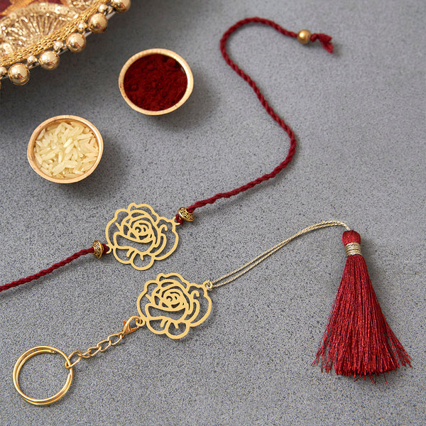 Brass Rakhi for Brothers | Keychain | Rose Design | Gold & Red