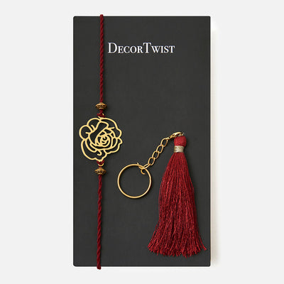 Brass Rakhi for Brothers | Keychain | Rose Design | Gold & Red