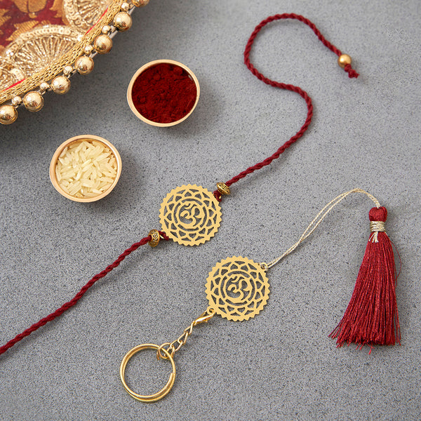 Brass Rakhi for Brothers | Keychain | Om Design | Gold & Red