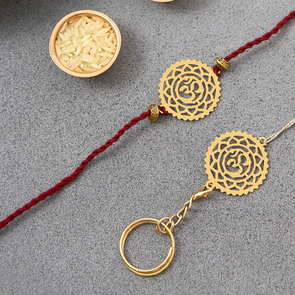 Brass Rakhi for Brothers | Keychain | Om Design | Gold & Red