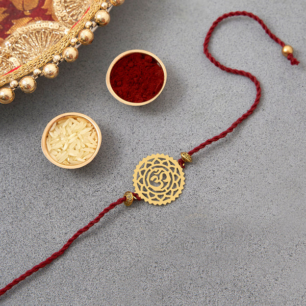 Brass Rakhi for Brothers | Keychain | Om Design | Gold & Red