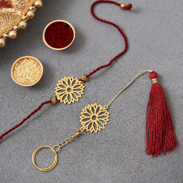 Brass Rakhi for Brothers | Keychain | Sunflower Design | Gold & Red