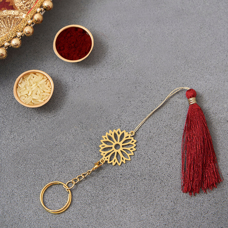 Brass Rakhi for Brothers | Keychain | Sunflower Design | Gold & Red