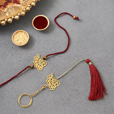 Brass Rakhi for Brothers | Keychain | Peacock Design | Gold & Red