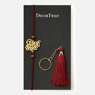 Brass Rakhi for Brothers | Keychain | Peacock Design | Gold & Red