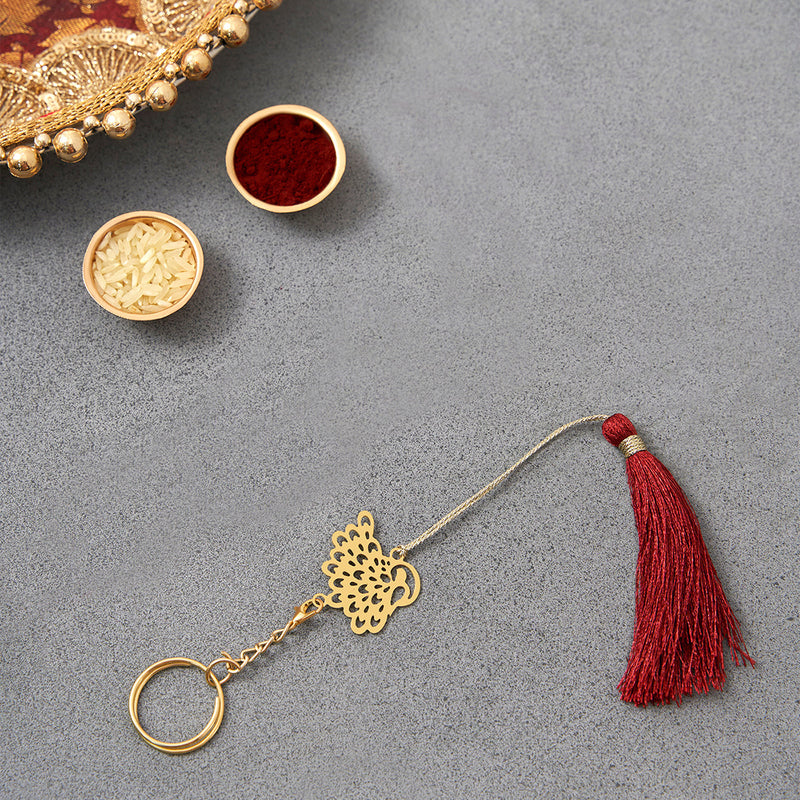 Brass Rakhi for Brothers | Keychain | Peacock Design | Gold & Red