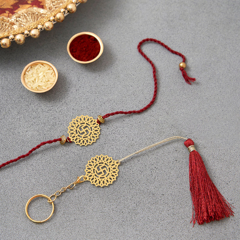 Brass Rakhi for Brothers | Keychain | Swastik Design | Gold & Red