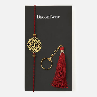 Brass Rakhi for Brothers | Keychain | Swastik Design | Gold & Red