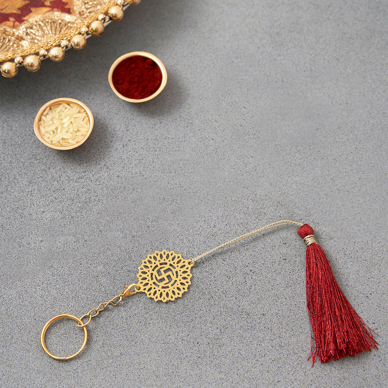 Brass Rakhi for Brothers | Keychain | Swastik Design | Gold & Red