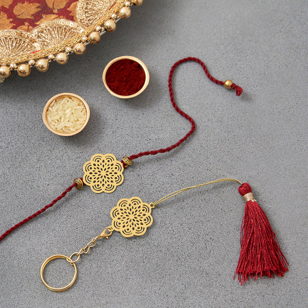 Brass Rakhi for Brothers | Keychain | Floral Design | Gold & Red