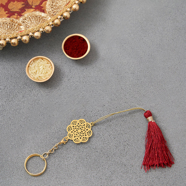 Brass Rakhi for Brothers | Keychain | Floral Design | Gold & Red