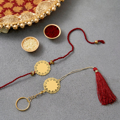 Brass Rakhi for Brothers | Keychain | Sun Design | Gold & Red