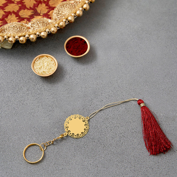 Brass Rakhi for Brothers | Keychain | Sun Design | Gold & Red