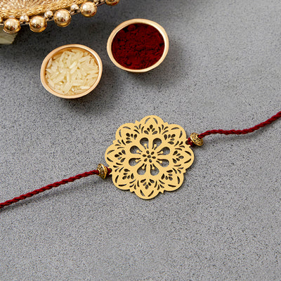 Brass Rakhi for Brothers | Keychain | Mandala Floral Design | Gold & Red