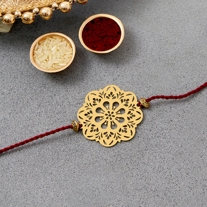 Brass Rakhi for Brothers | Keychain | Mandala Floral Design | Gold & Red