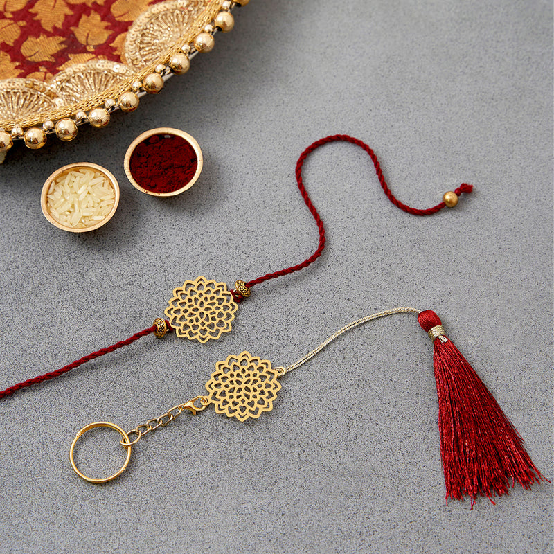 Brass Rakhi for Brothers | Keychain | Lotus Design | Gold & Red